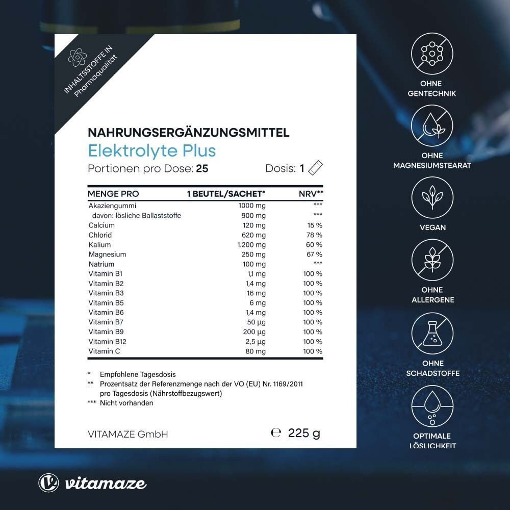 Nahrungsergänzungsmittel Elektrolyte Plus. 25 Portionen. Inhaltsstoffe, Nährwertangaben, ohne Gentechnik, vegan.