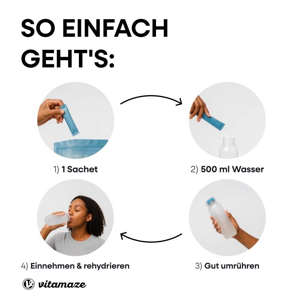 Anleitung: 1 Sachet, 500 ml Wasser, gut umrühren, trinken. Frau trinkt aus einer Flasche.