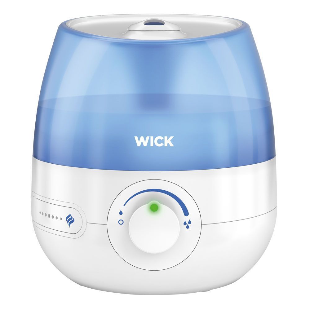 Weiß-blauer Luftbefeuchter. Rundes Design mit Drehregler und WICK-Logo. Blaue obere Hälfte, weißer Sockel. Grüne LED-Anzeige.