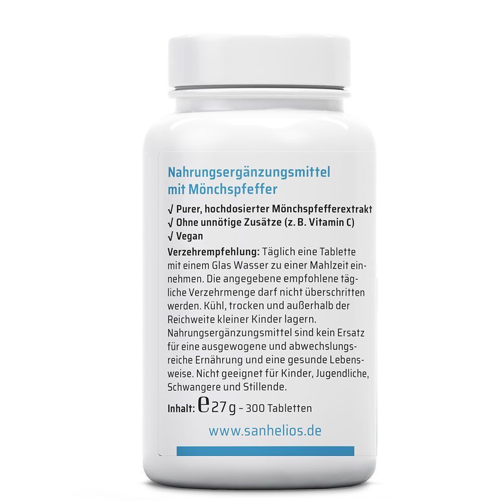 Rückseite einer weißen Tablettenflasche. Text: Nahrungsergänzungsmittel mit Mönchspfeffer. Enthält Informationen zur Einnahme und Inhaltsstoffe.