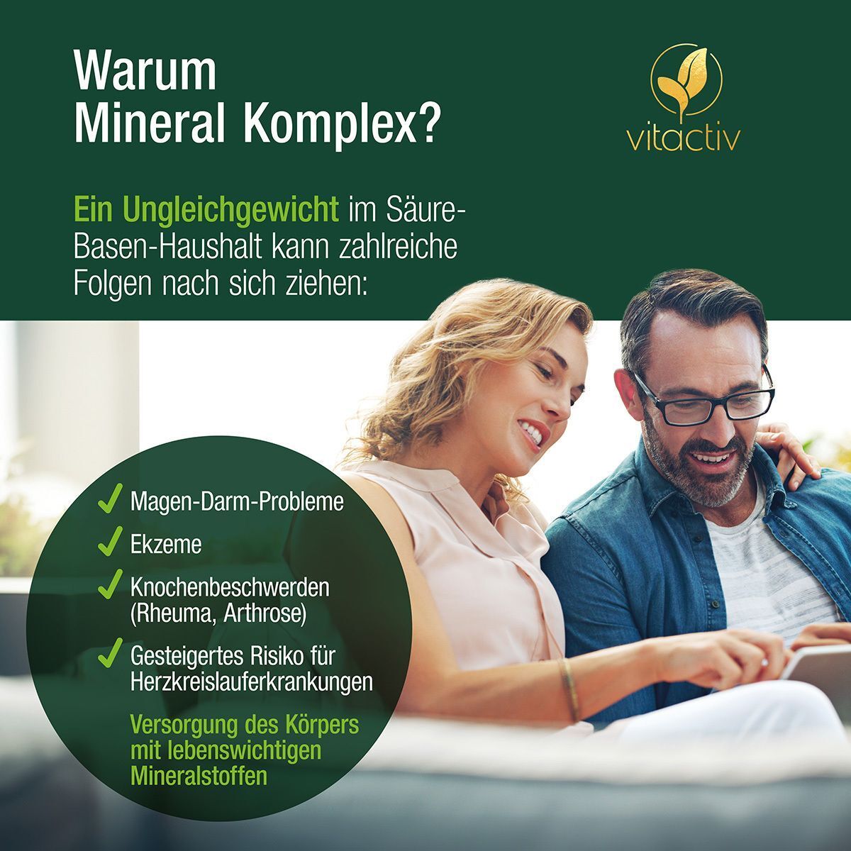 Mann und Frau betrachten Tablet. Text: Warum Mineral Komplex? Ungleichgewicht im Säure-Basen-Haushalt kann Folgen haben.