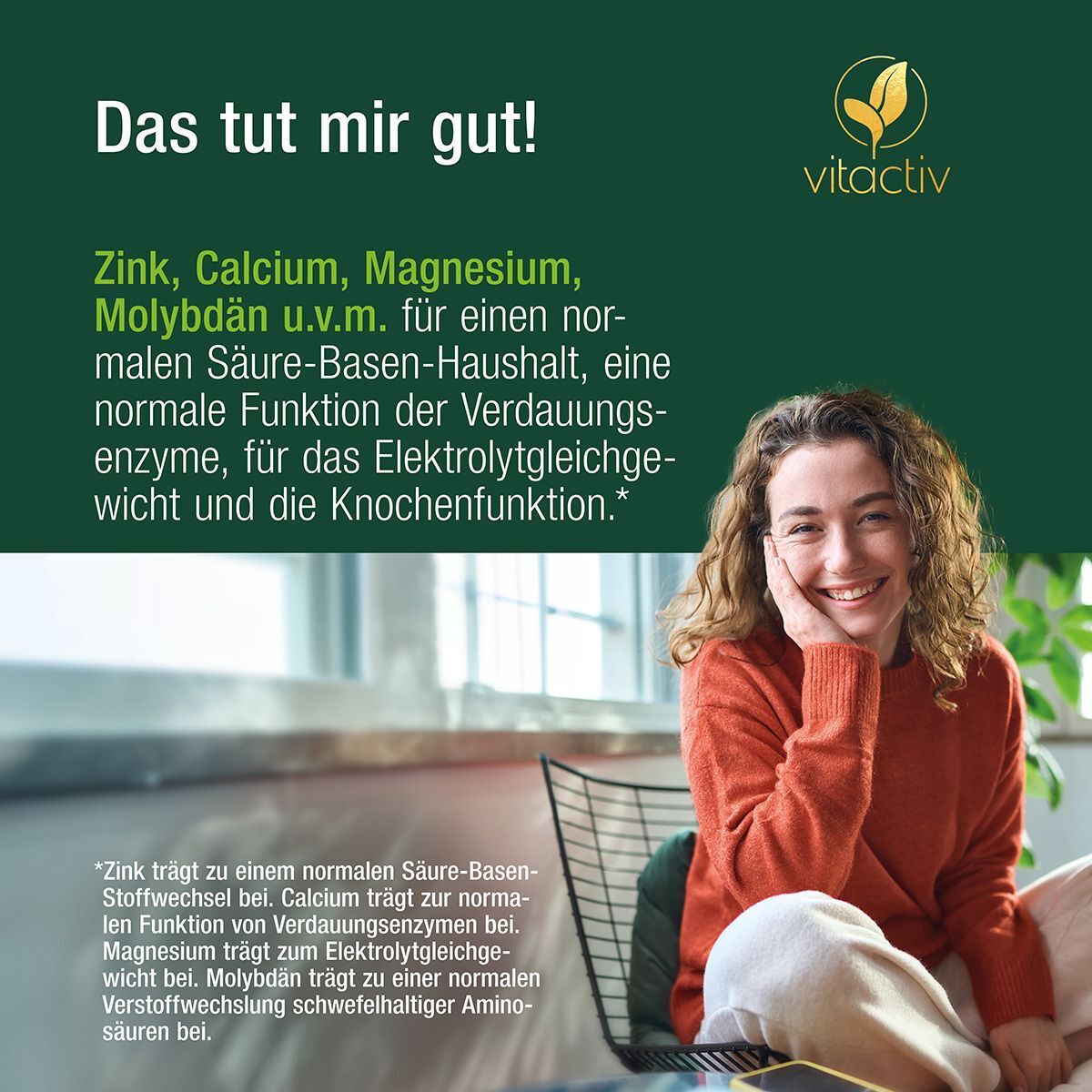 Frau lächelt. Text: Zink, Calcium, Magnesium, Molybdän u.v.m. für normalen Säure-Basen-Haushalt.