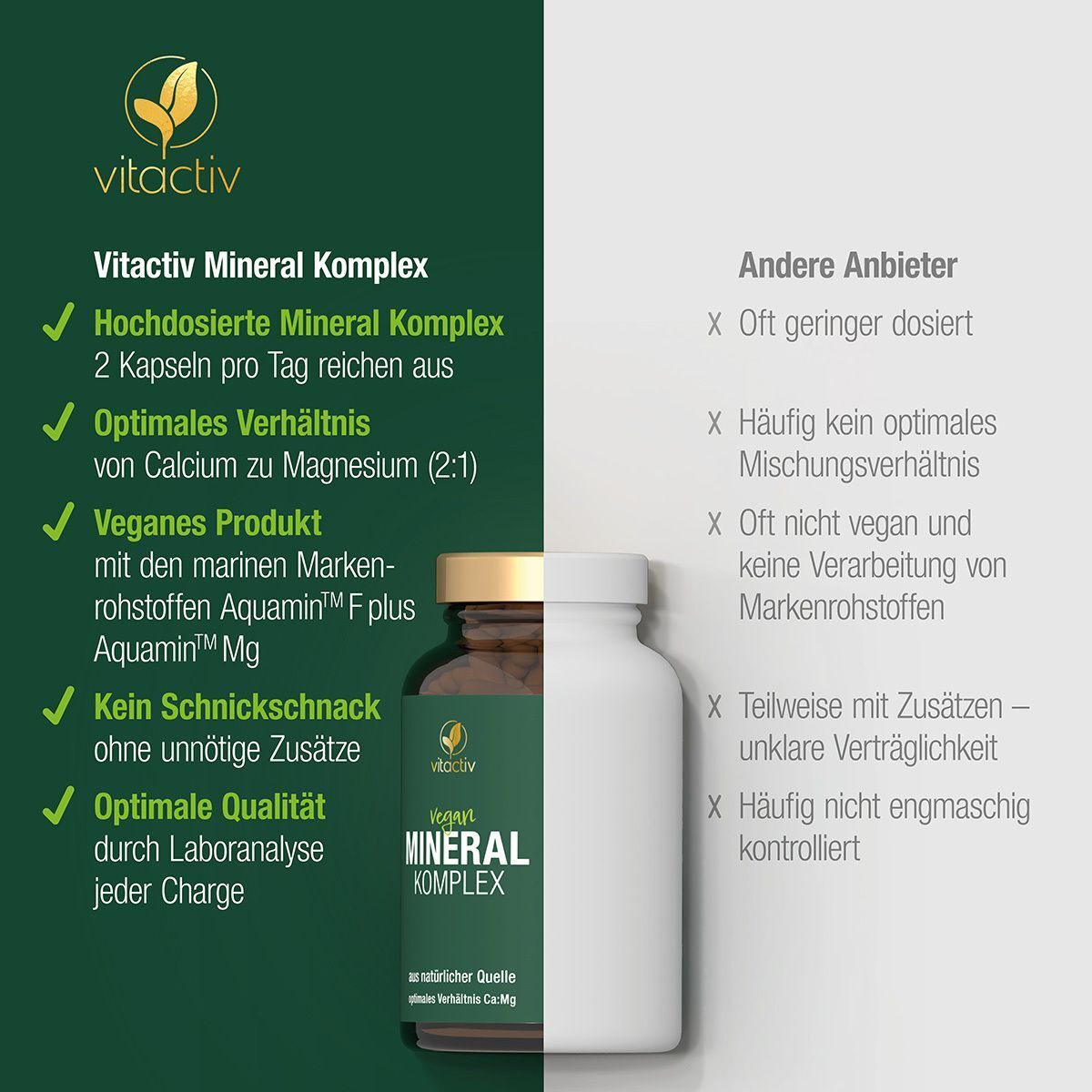 Flasche "Vegan MINERAL KOMPLEX" neben Vergleich. Text: Hochdosiert, optimales Verhältnis, vegan, ohne Zusätze.
