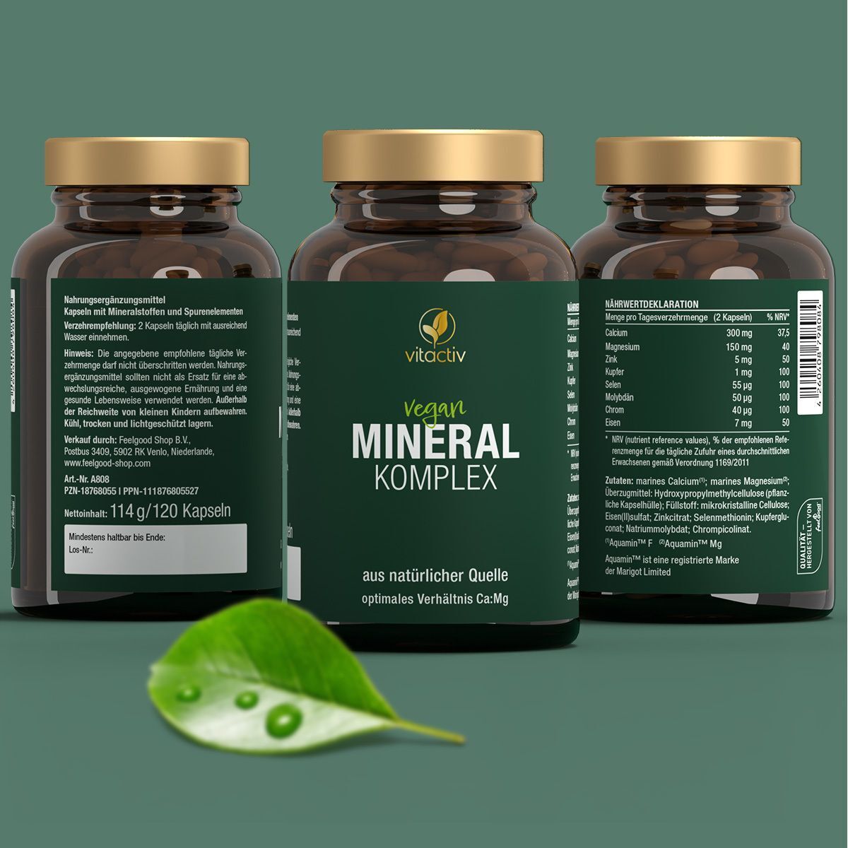 Drei Flaschen "Vegan MINERAL KOMPLEX" mit Blatt. Rückseite mit Inhaltsstoffen und Nährwertangaben.