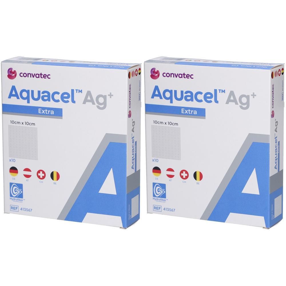 Zwei weiße Kartons mit der Aufschrift "Aquacel Ag+ Extra 10cm x 10cm". Logos und Länderflaggen sind ebenfalls abgebildet.