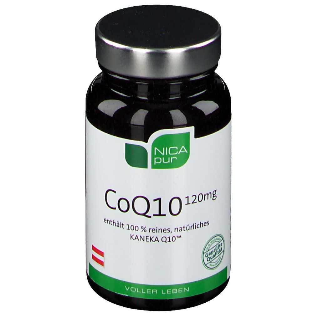 nicapur® CoQ10 120 mg Flasche. Braune Glasflasche mit silbernem Deckel und weißem Etikett. Grüne und weiße Schrift.
