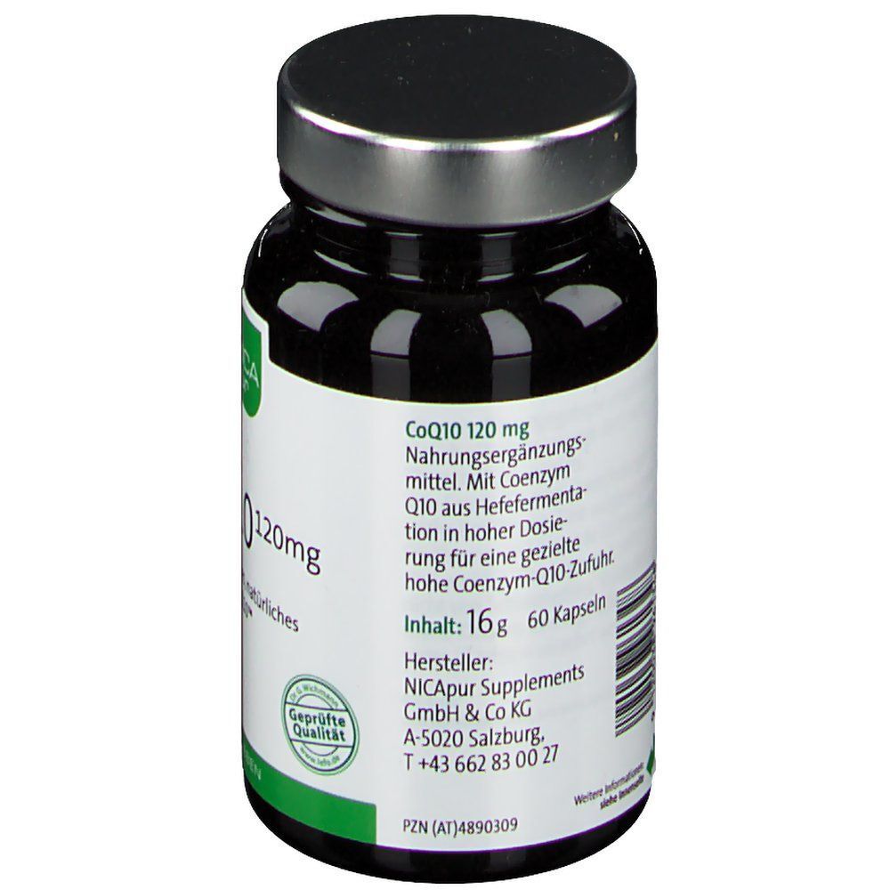 Rückseite der nicapur® CoQ10 120 mg Flasche. Braune Glasflasche mit silbernem Deckel. Text auf weißem Etikett.