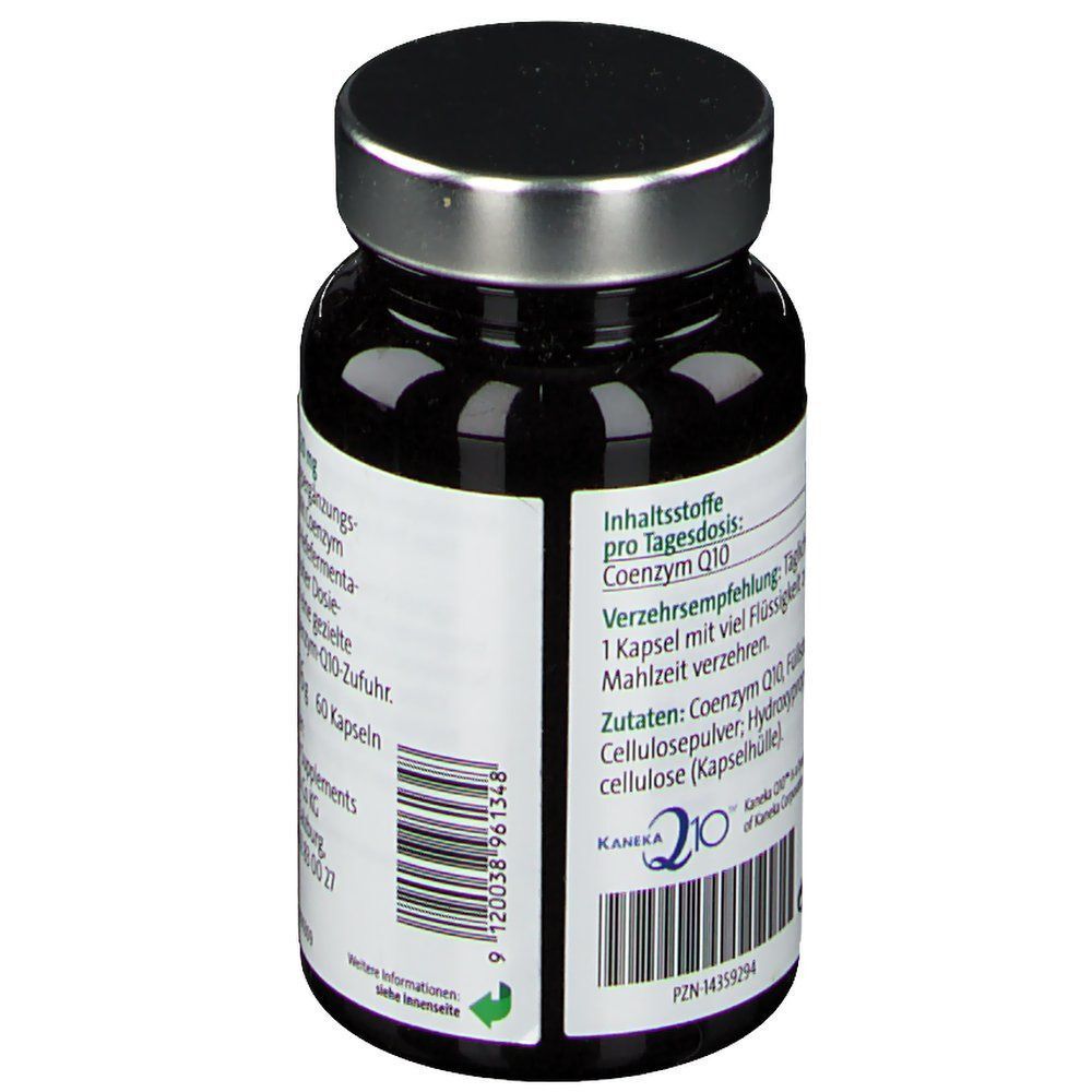 Rückseite der nicapur® CoQ10 120 mg Flasche. Braune Glasflasche mit silbernem Deckel. Text auf weißem Etikett.