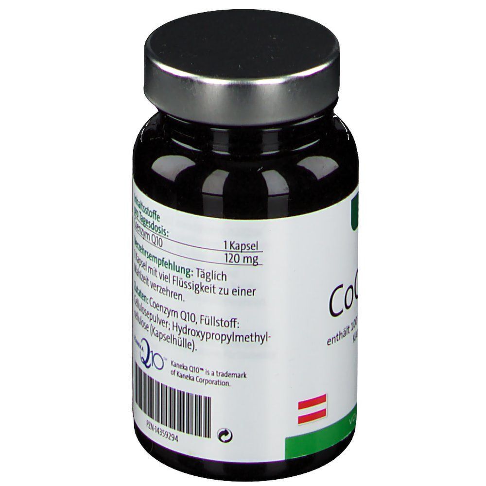 nicapur® CoQ10 120 mg Flasche. Braune Glasflasche mit silbernem Deckel. Text auf weißem Etikett.