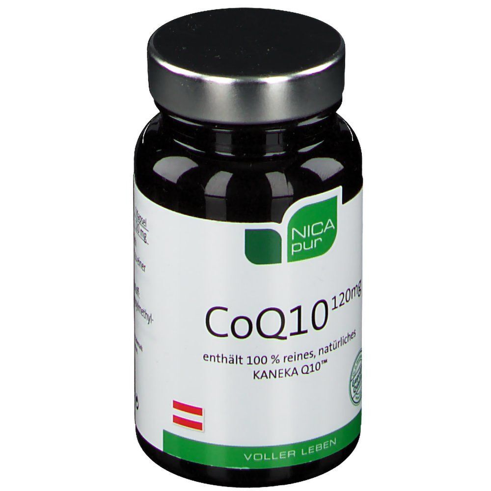 nicapur® CoQ10 120 mg Flasche. Braune Glasflasche mit silbernem Deckel und weißem Etikett. Grüne und weiße Schrift.