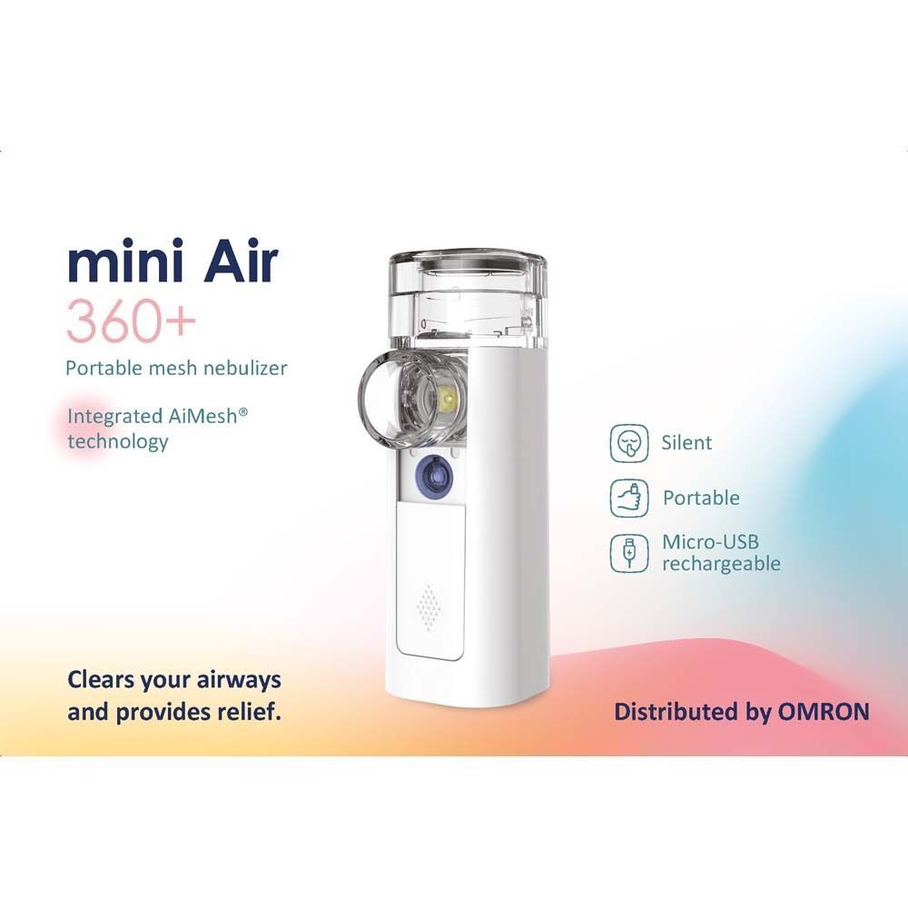 mini Air 360+ Vernebler. Weißes Gerät mit transparentem Mundstück. Text: Silent, Portable, Micro-USB.