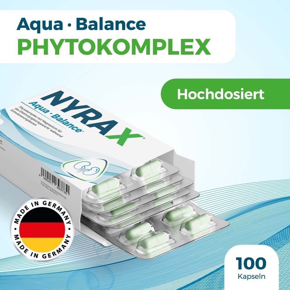 Geöffnete Packung NYRAX Aqua Balance Kapseln. Blisterpackungen mit grünen Kapseln. Aufdruck: NYRAX, Aqua Balance, 100 Kapseln. Made in Germany.