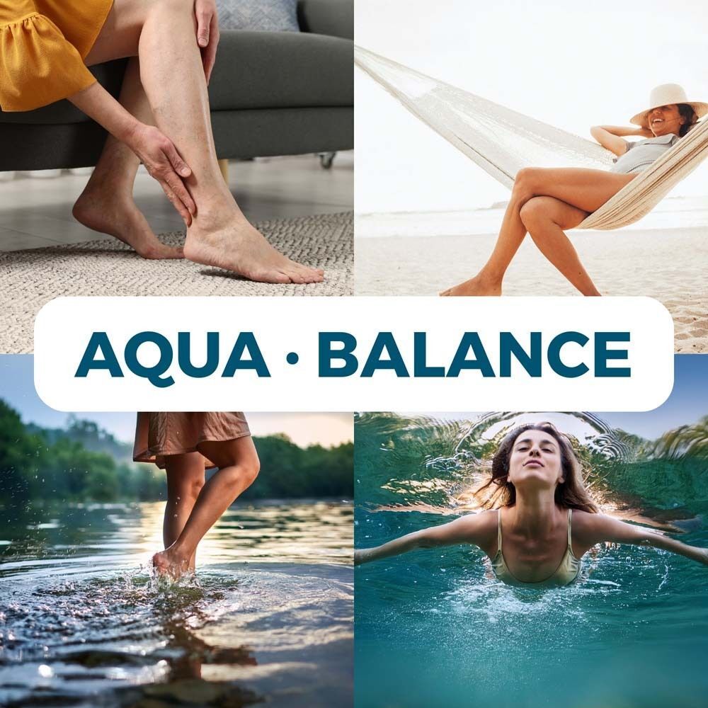 Collage mit Bildern von Füßen, Beinen und einer Person in einer Hängematte. Text: Aqua Balance.