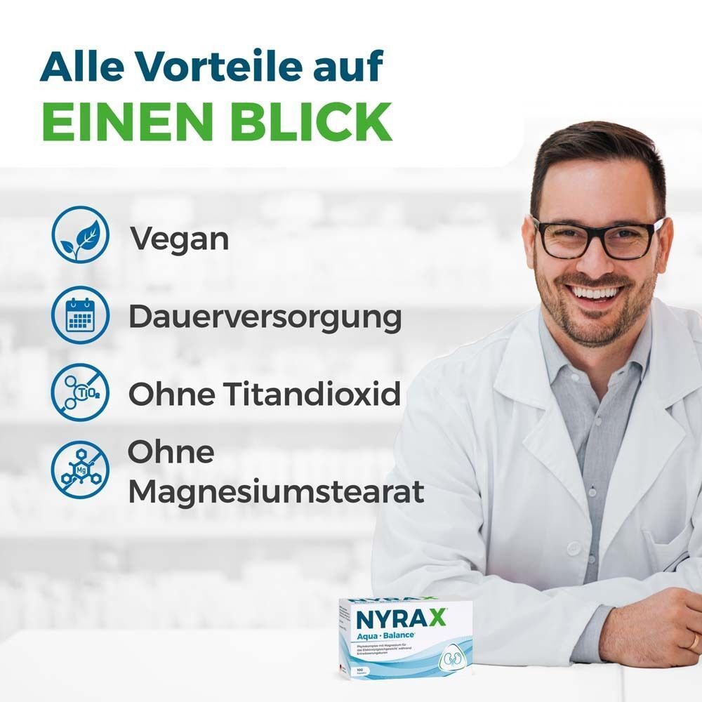 Arzt mit Brille. Text: Vegan, Dauerversorgung, Ohne Titandioxid, Ohne Magnesiumstearat. NYRAX Aqua Balance Packung.