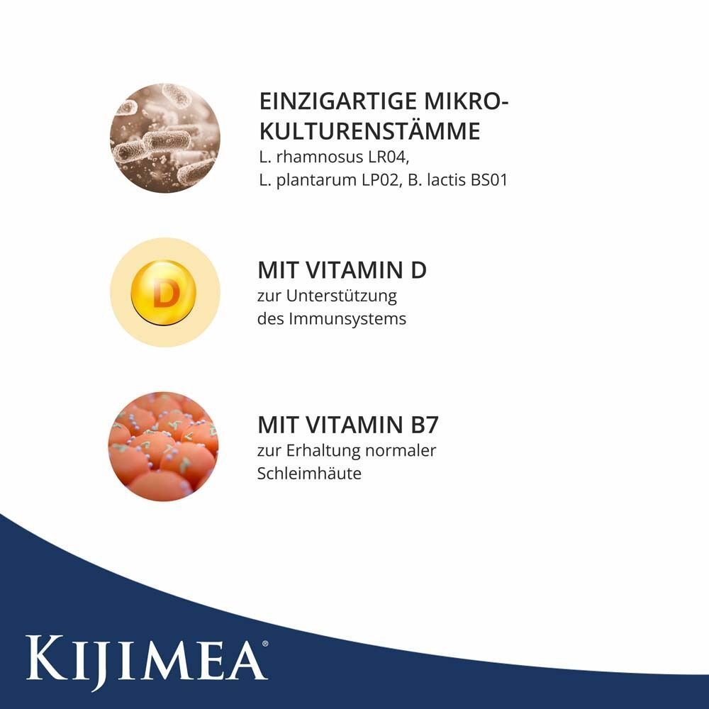Text mit Überschriften: EINZIGARTIGE MIKROKULTURENSTÄMME, MIT VITAMIN D, MIT VITAMIN B7. KIJIMEA-Logo.