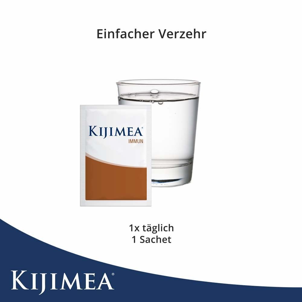 Sachet KIJIMEA IMMUN neben Glas Wasser. Text: Einfacher Verzehr. 1x täglich 1 Sachet. KIJIMEA-Logo.
