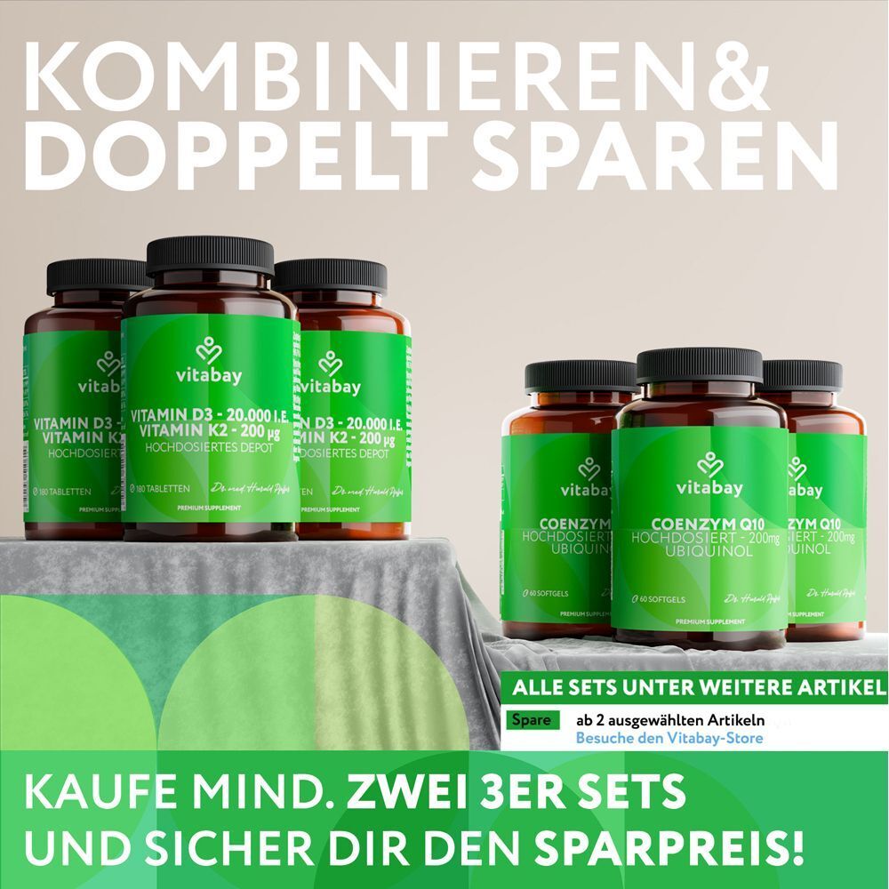 Mehrere Flaschen mit Nahrungsergänzungsmitteln. Text: Kombinieren & doppelt sparen. Logo vitabay.