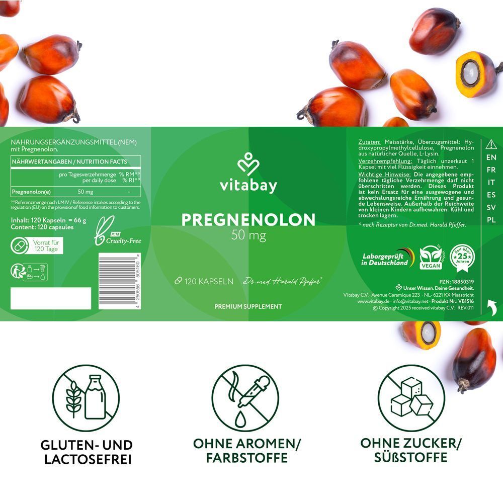 Etikett einer PREGNENOLON 50 mg Flasche. Text: 120 Kapseln. Logo vitabay.