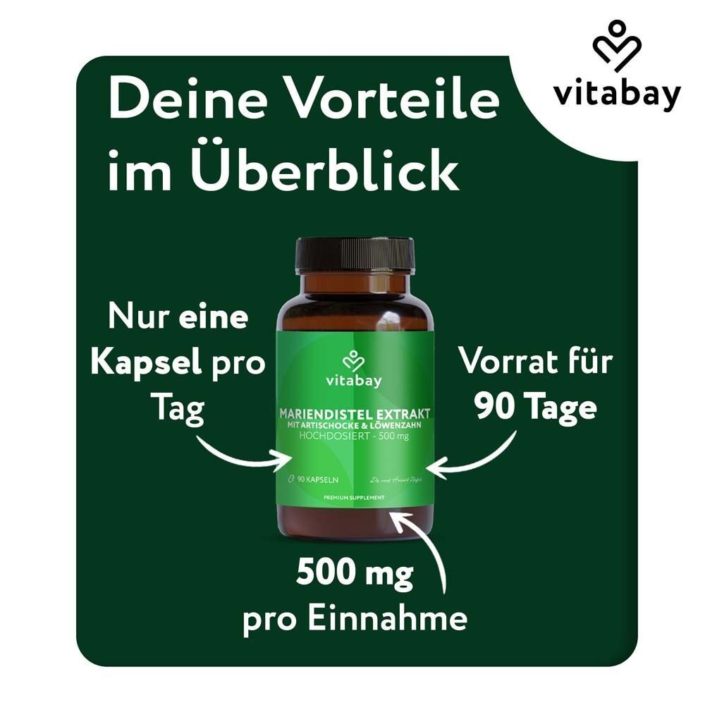 Flasche Mariendistel Extrakt Kapseln. Grüner Aufkleber mit weißer Schrift. Marke Vitabay. Text: 500 mg pro Einnahme. Vorrat für 90 Tage.