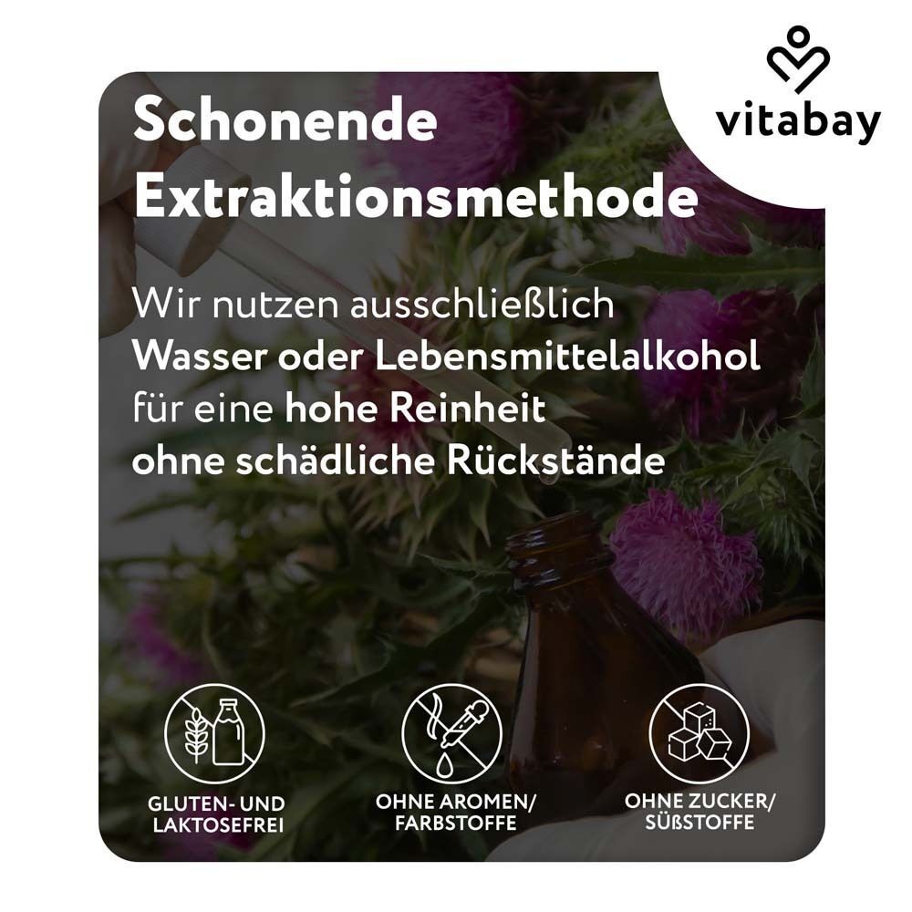 Nahaufnahme von Mariendistelblüten und Flasche. Text: Schonende Extraktionsmethode. Gluten- und laktosefrei. Marke Vitabay.