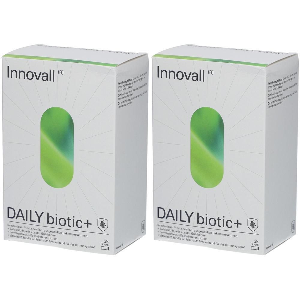 Zwei weiße Kartons mit grünem Design. Aufschrift: Innovall DAILY biotic+. Enthält 28 Portionen. Zertifizierungen sind sichtbar.