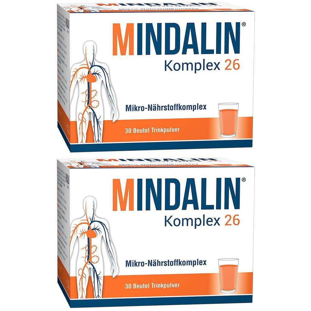 Zwei Schachteln Mindalin Komplex 26. Aufdruck: Mikro-Nährstoffkomplex, 30 Beutel Trinkpulver. Abbildung eines Glases mit Flüssigkeit.