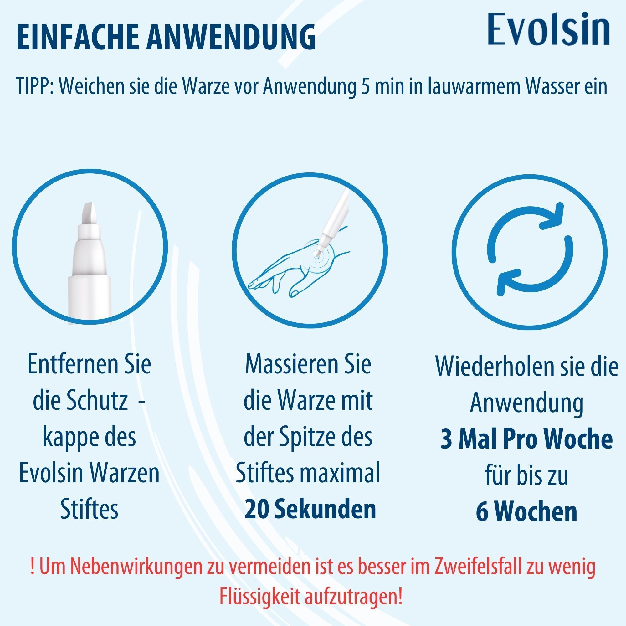 Text auf blauem Hintergrund. Einfache Anwendung. Abbildungen der Anwendungsschritte. Evolsin Warzen Stift.