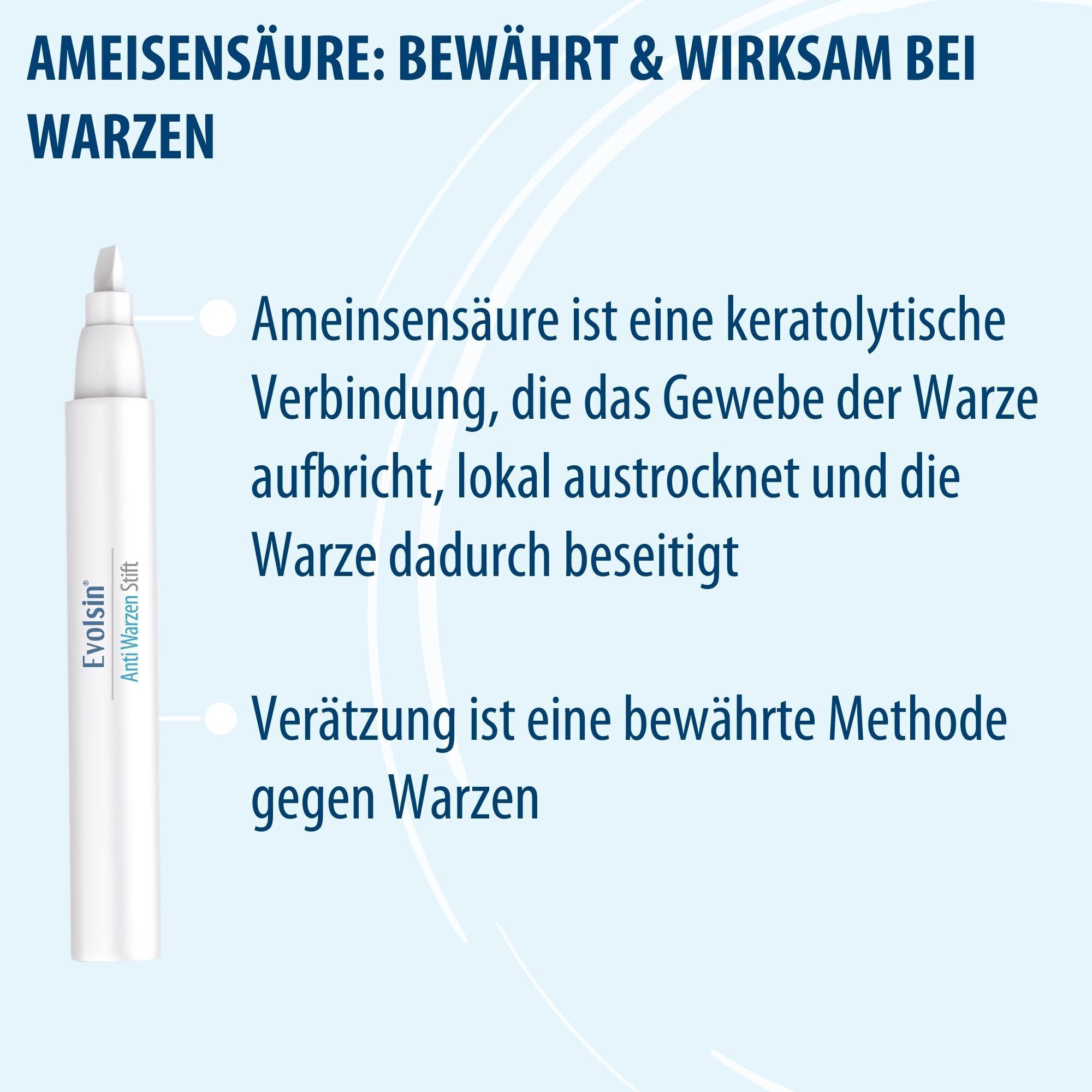 Text auf blauem Hintergrund. Ameisensäure: bewährt & wirksam bei Warzen. Stift mit Text: Evolsin Anti Warzen Stift.