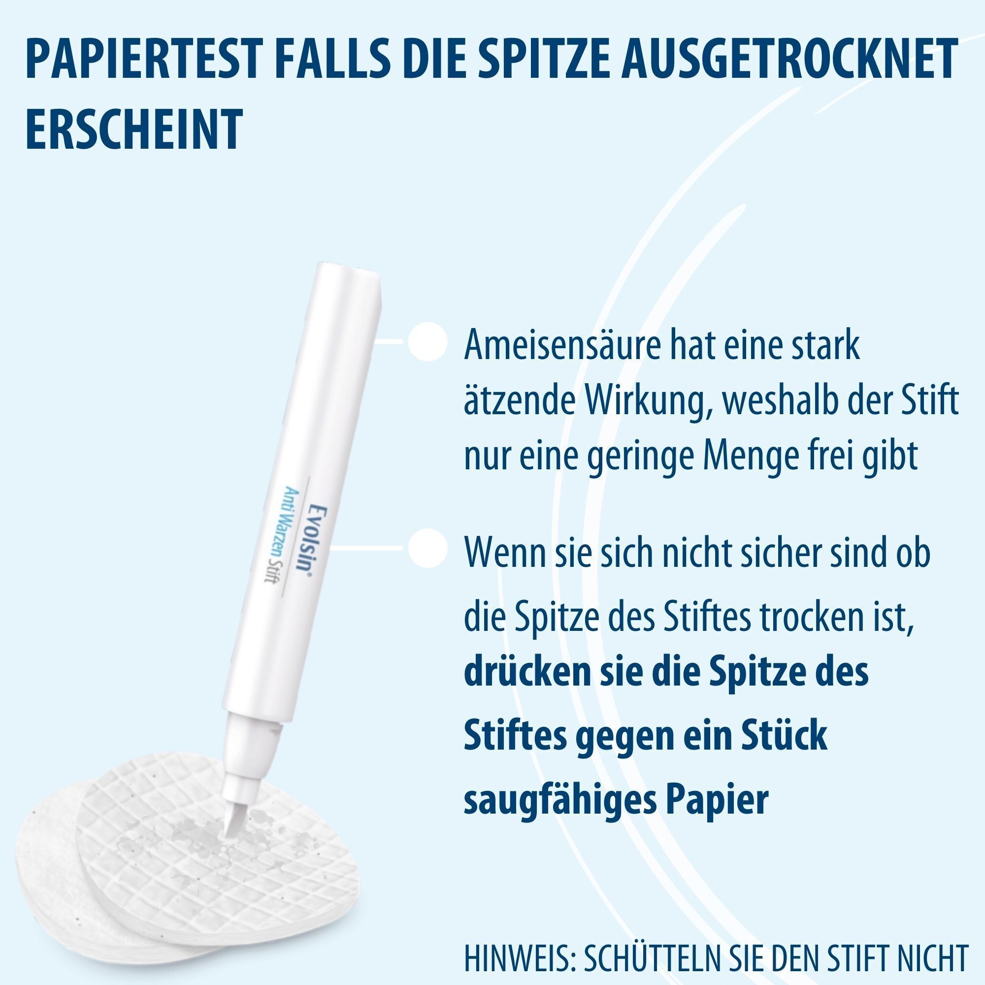 Text auf blauem Hintergrund. Papiertest falls die Spitze ausgetrocknet erscheint. Stift und Papier.