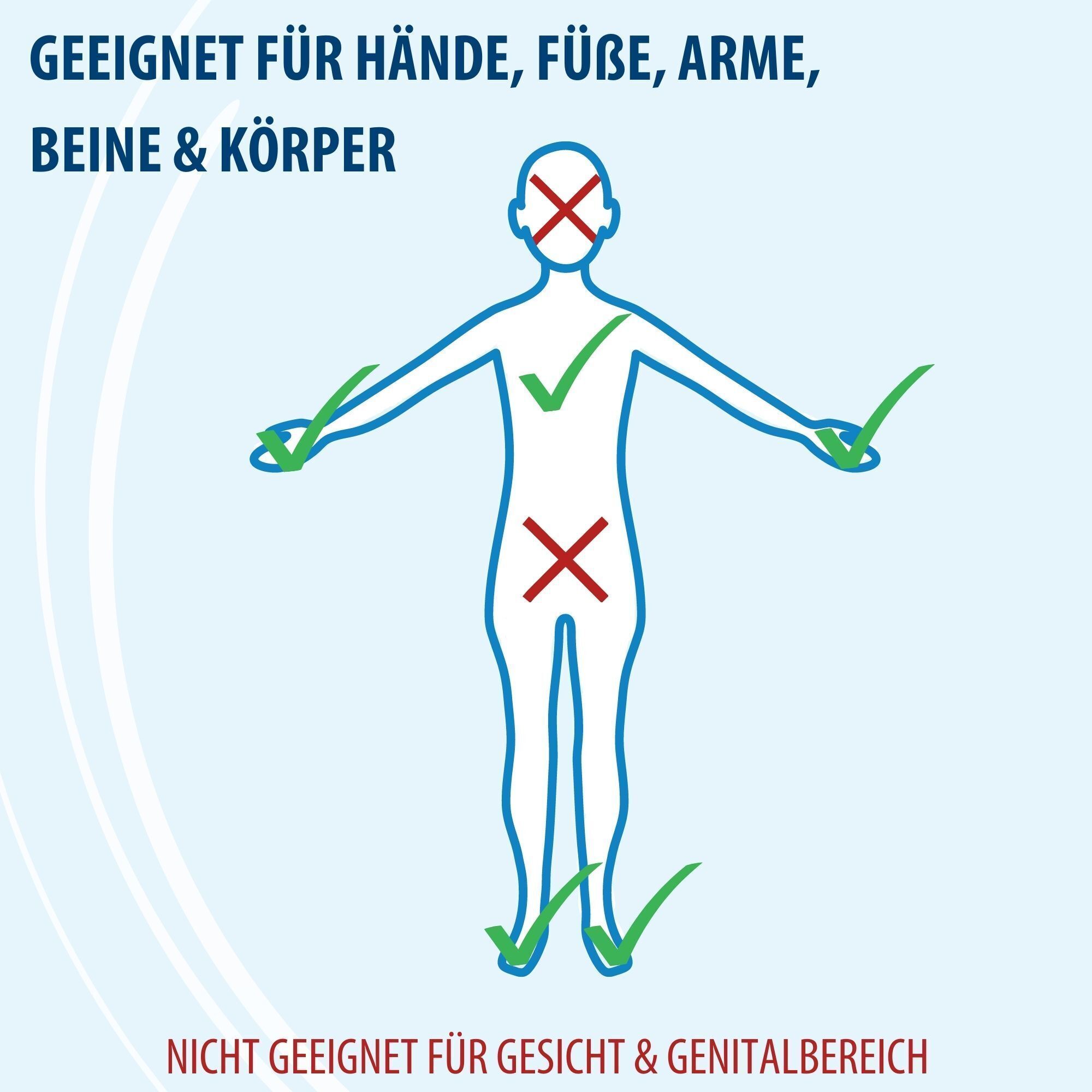 Text auf blauem Hintergrund. Geeignet für Hände, Füße, Arme, Beine & Körper. Nicht geeignet für Gesicht & Genitalbereich.