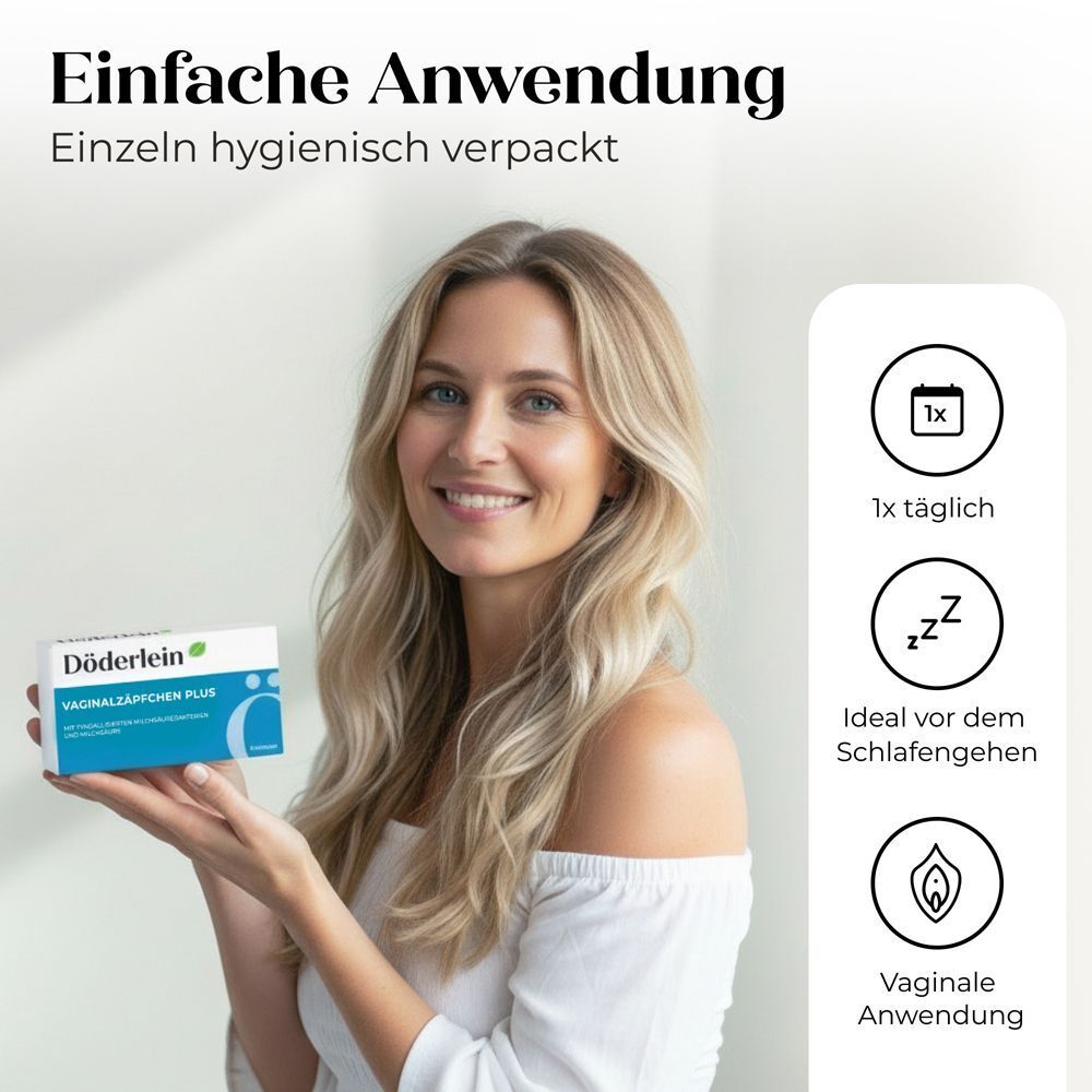Eine Frau hält eine Packung Döderlein Vaginalzäpfchen Plus. Text: Einfache Anwendung. 1x täglich, ideal vor dem Schlafengehen.
