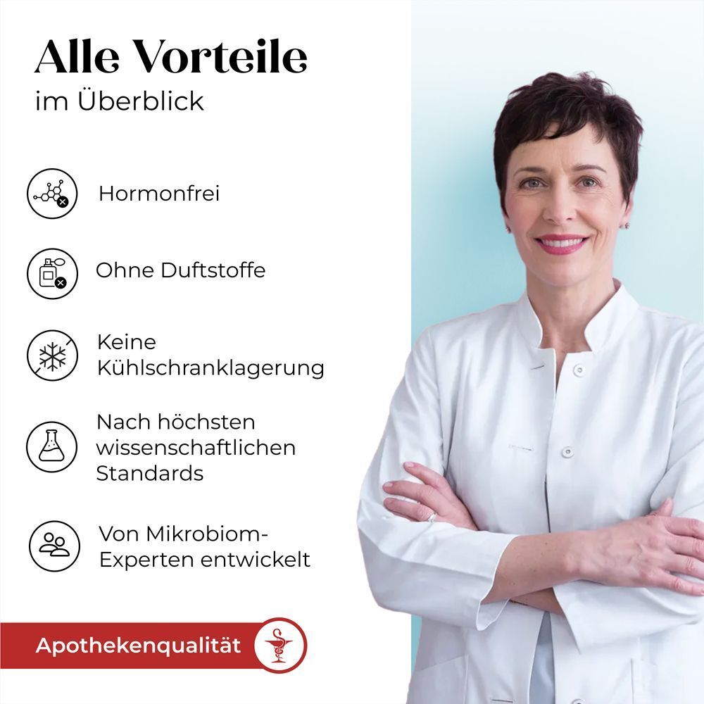 Eine Frau in weißem Kittel. Text: Alle Vorteile im Überblick. Hormonfrei, ohne Duftstoffe, keine Kühlschranklagerung, Apothekenqualität.