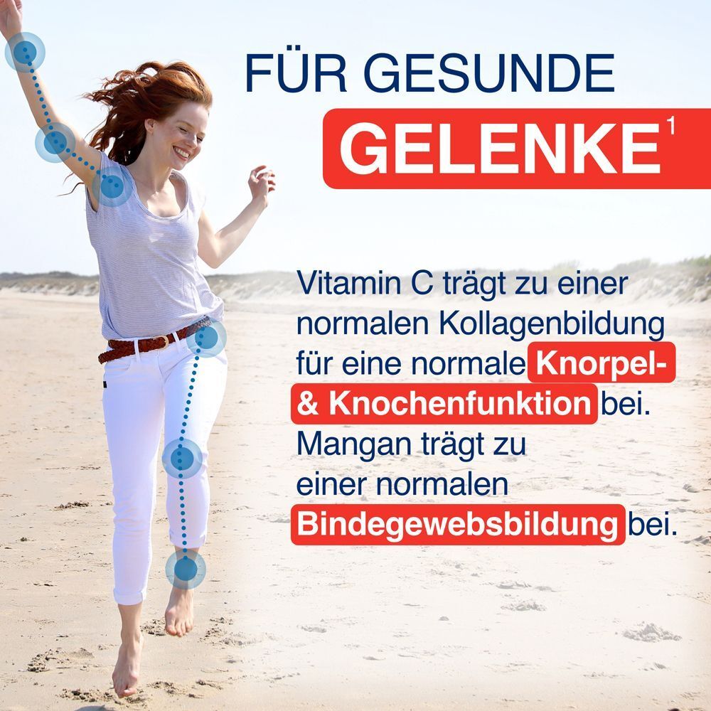 Für gesunde Gelenke: Vitamin C und Mangan unterstützen normale Knorpel-, Knochen- und Bindegewebsbildung.