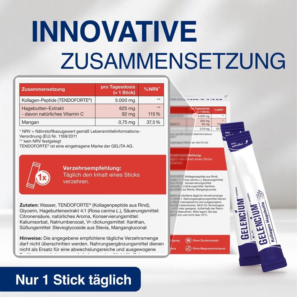 Innovative Zusammensetzung: Kollagen-Peptide, Hagebutten-Extrakt, Mangan. Verzehrempfehlung: 1 Stick täglich.