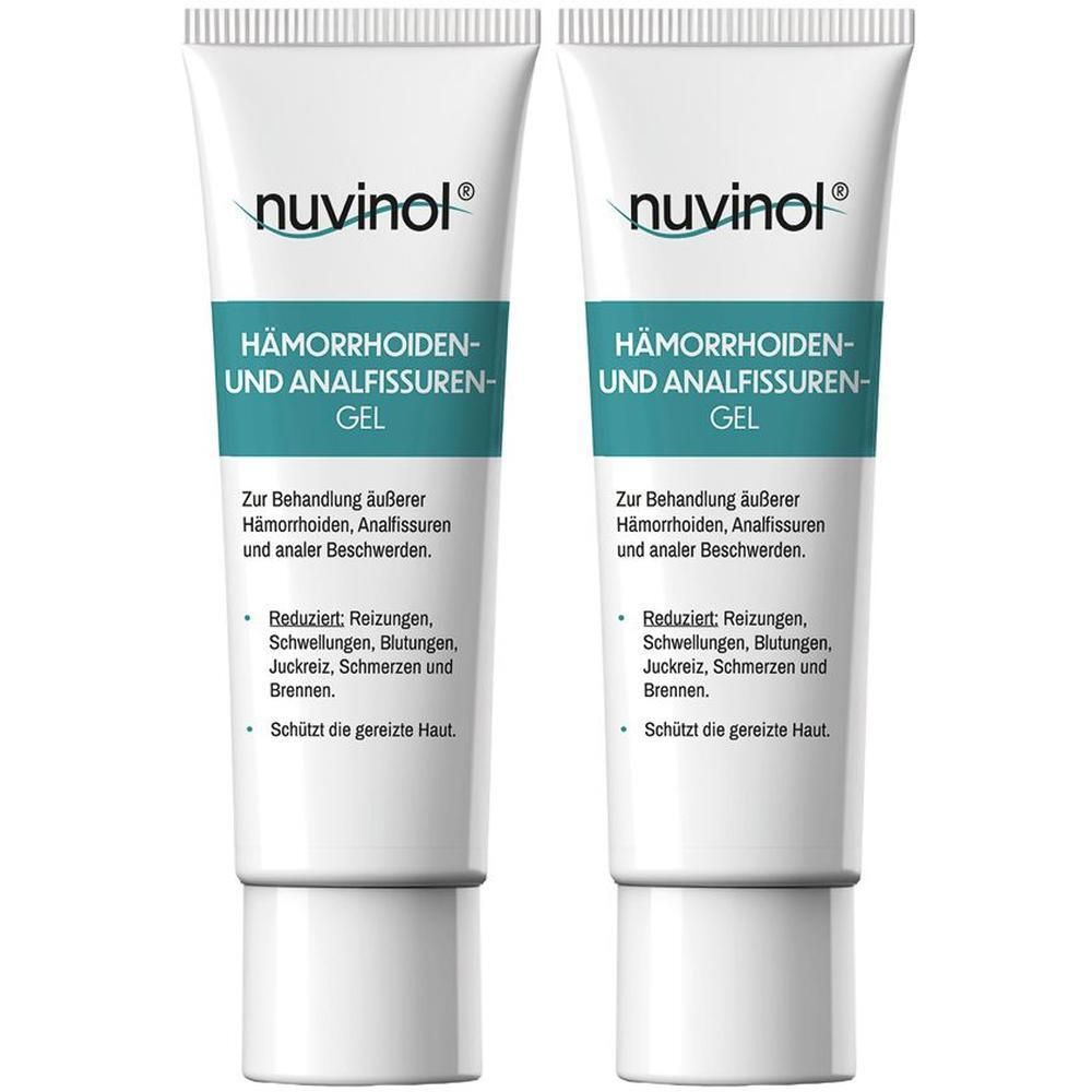 Zwei Tuben NUVINOL Hämorrhoiden-Gel und Analfissuren-Gel. Weiße Tuben mit grüner Schrift. Produktname und Text zur Anwendung.