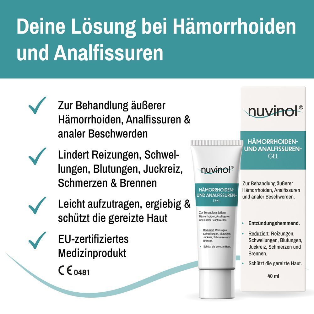 NUVINOL Hämorrhoiden-Gel und Analfissuren-Gel. Produkt und Verpackung mit Text. EU-zertifiziertes Medizinprodukt.
