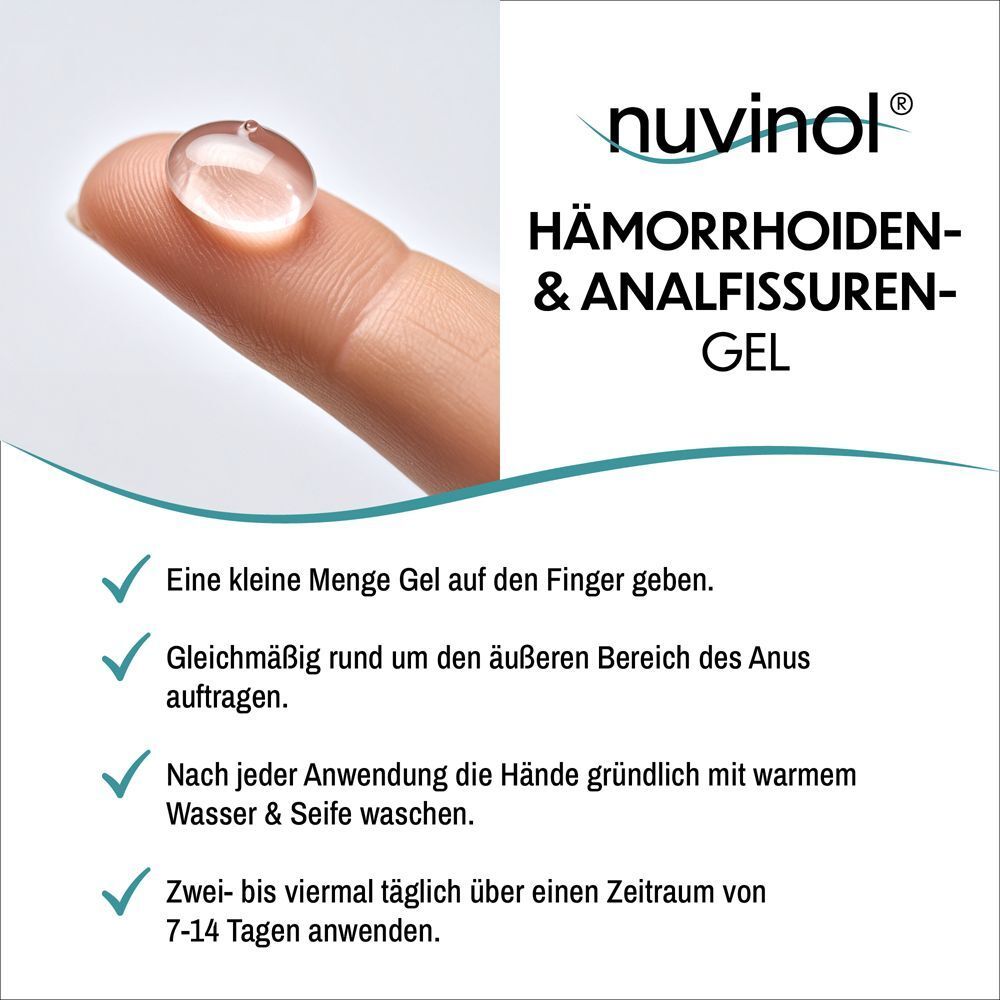 Finger mit Gel. NUVINOL Hämorrhoiden- & Analfissuren-Gel. Anwendungsanweisungen.