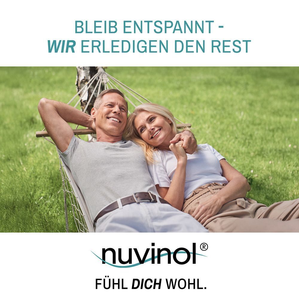 Ein Paar entspannt in einer Hängematte. NUVINOL-Logo. Text: Fühl dich wohl.