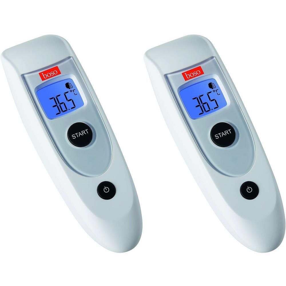 Zwei weiße Fieberthermometer. Jedes zeigt 36,5°C auf einem blauen Display. Mit „boso“-Logo und „START“-Taste.