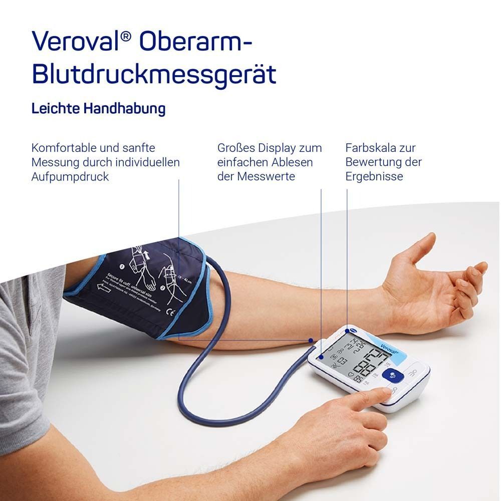 Blutdruckmessgerät am Arm. Manschette und Gerät verbunden. Großes Display mit Messwerten. Veroval-Logo sichtbar.