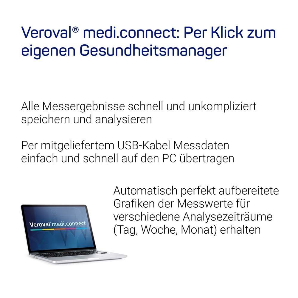 Laptop mit Veroval-Logo. Text: Per Klick zum eigenen Gesundheitsmanager. USB-Kabel und Messdaten.