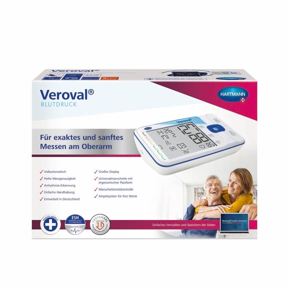 Verpackung des Blutdruckmessgeräts. Produktabbildung, Text: Veroval Oberarm-Blutdruck. Logo Hartmann.