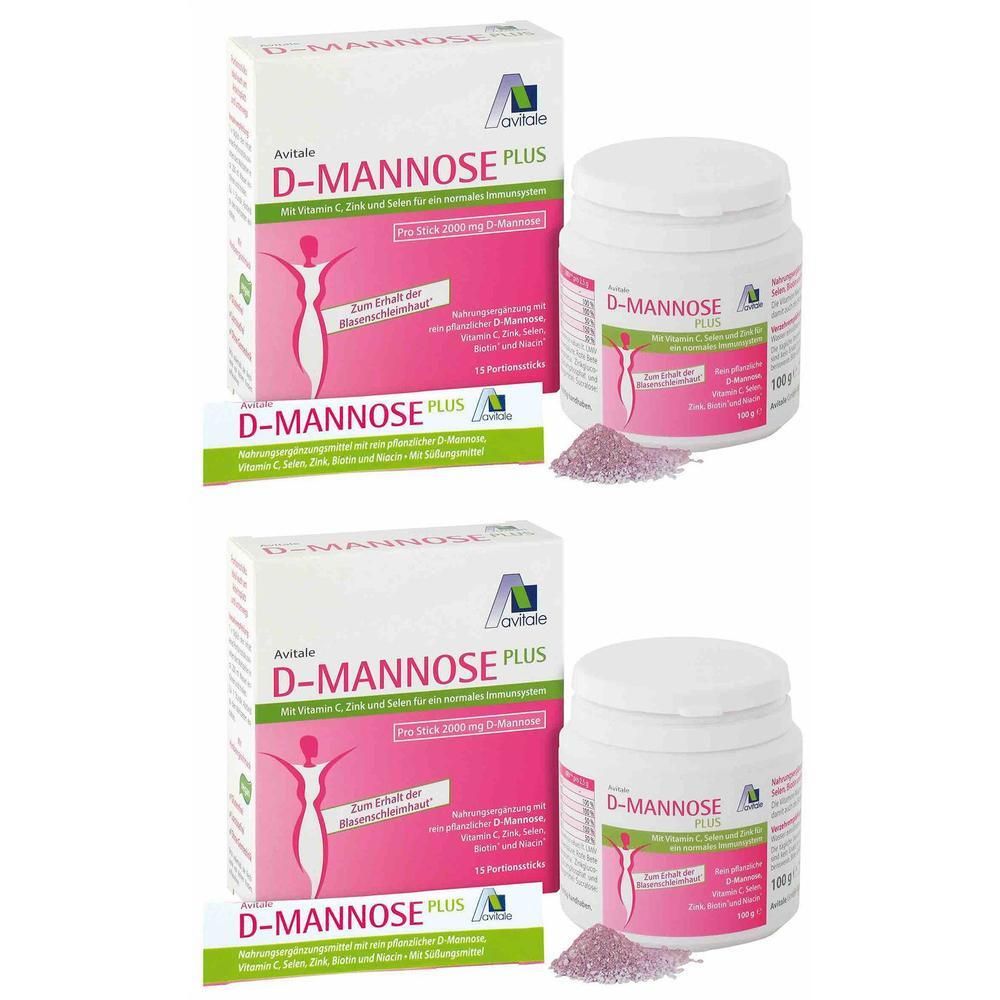 Zwei Packungen und zwei Dosen Avitale D-Mannose Plus. Aufschrift D-Mannose Plus. Rosa Pulver daneben.