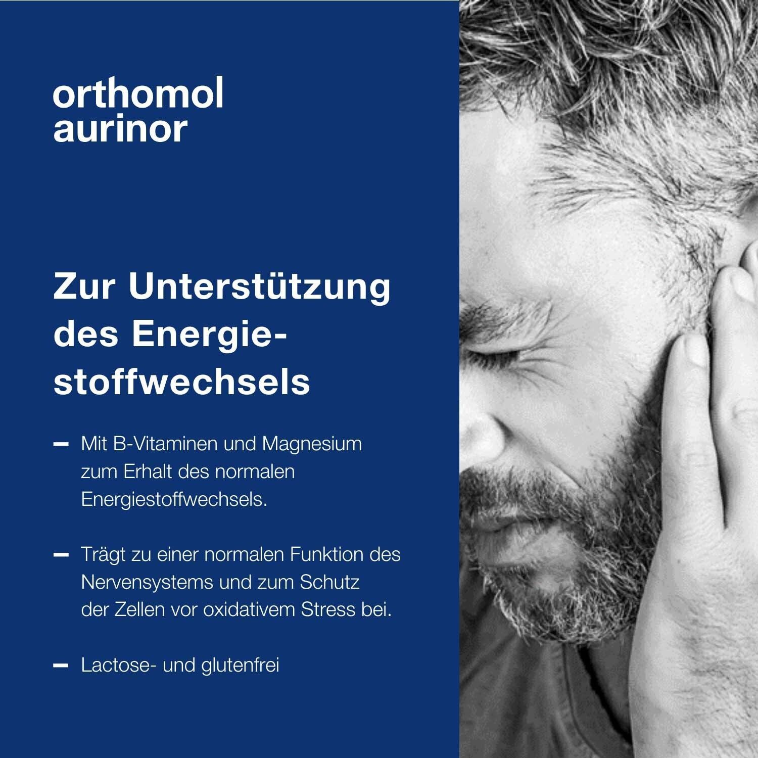 Text über "orthomol aurinor". Text: "Zur Unterstützung des Energiestoffwechsels." Weitere Texte über Inhaltsstoffe und Eigenschaften.