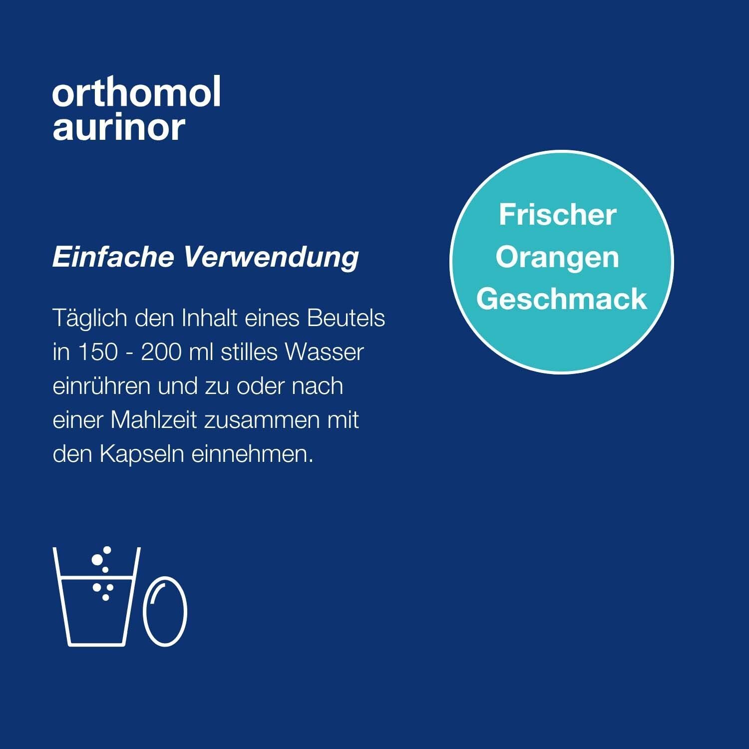 Grafik mit Text über "orthomol aurinor". Text: "Einfache Verwendung." Kreis: "Frischer Orangengeschmack." Grafik: Glas und Kapsel.
