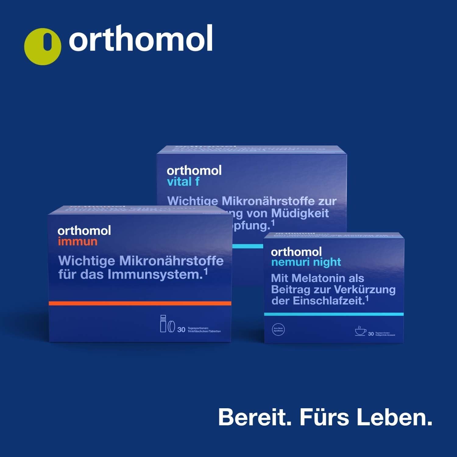 Drei blaue "orthomol"-Boxen: "vital f", "immun", "nemuri night". Slogan: "Bereit. Fürs Leben."