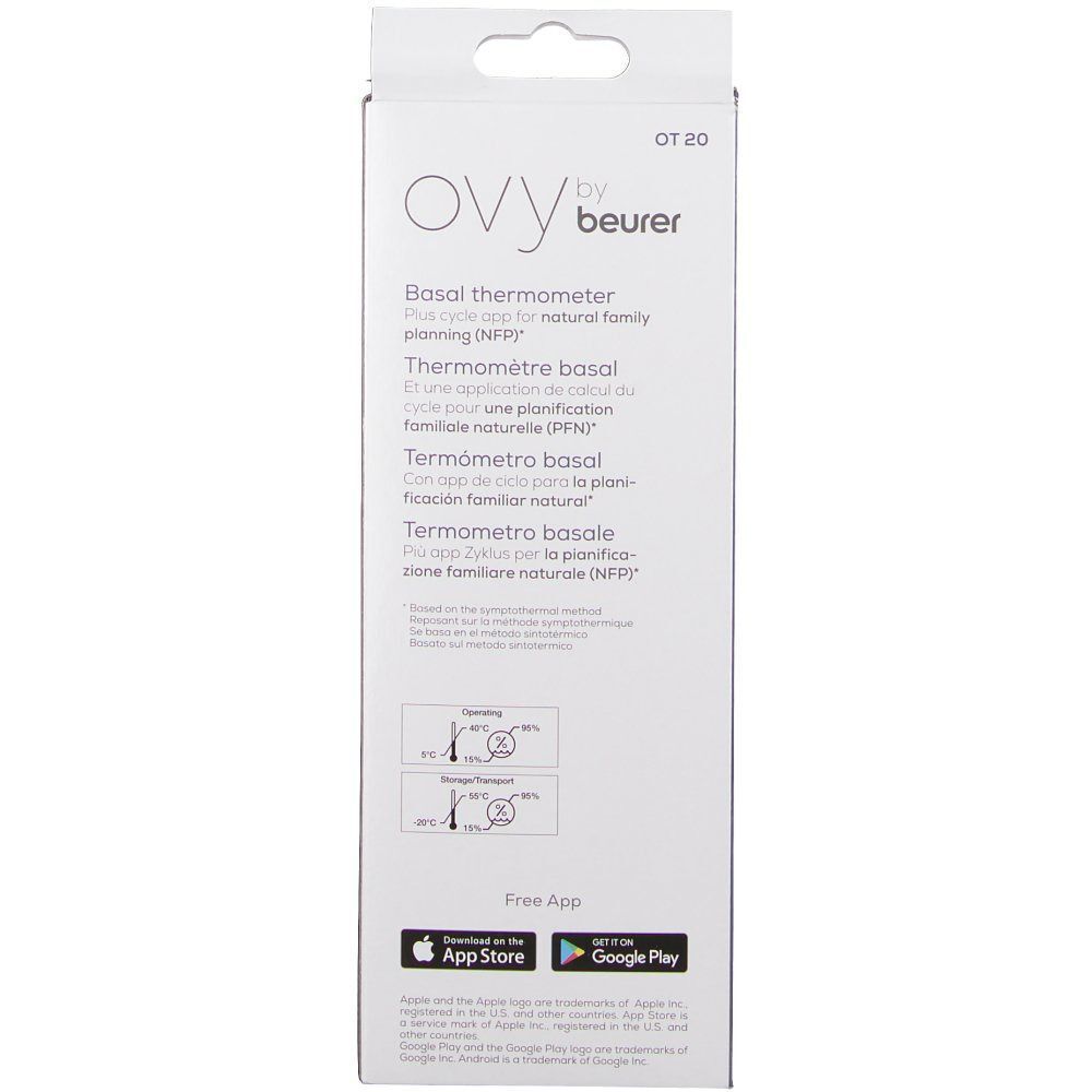 Rückseite der Verpackung. Ovy by beurer. Basalthermometer. Text in mehreren Sprachen. App-Download-Informationen. Bedienungs- und Lagerungshinweise.