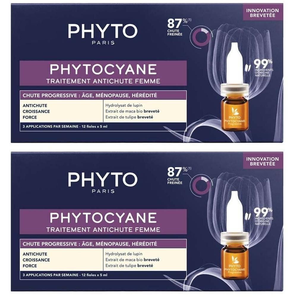 Zwei Packungen mit Produkt. Aufschrift: PHYTOCYANE, Behandlung gegen Haarausfall für Frauen. Enthält Ampullen.