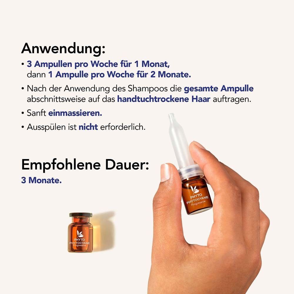 Hand hält Ampulle. Daneben eine weitere Ampulle. Text: Anwendung. Empfohlene Dauer: 3 Monate.