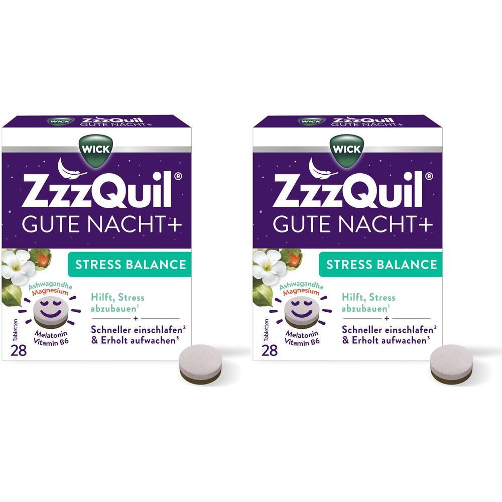 Zwei Packungen WICK ZzzQuil Gute Nacht+ Stress Balance mit je 28 Tabletten.